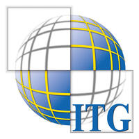 ITG- Integrated Technology Group blue logo with a shape of world wide web and yellow lines 